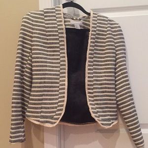 Collarless cream and navy striped blazer
